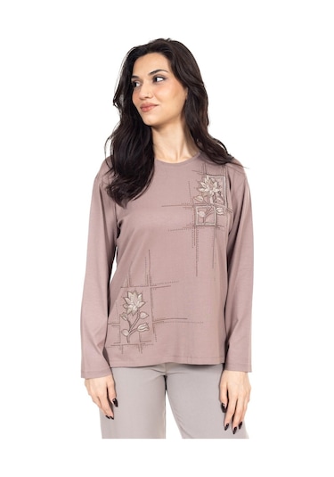 Yeni Sezon Kadın Orta Yaş Ve Üzeri Viskoz Kanaviçe İşlemeli Lüks Anne Penye Bluz 24311-vizon