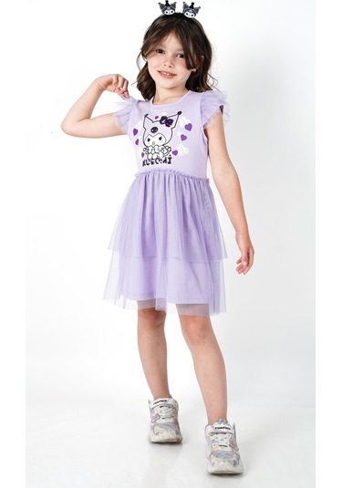 Kuromi Lila Tül Detaylı Kısa Kollu Kız Çocuk Elbisesi Mor