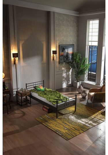 Manyas Tek Kişilik Ferforje Metal Karyola-siyah Ahşap Latalı