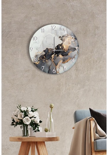 Çap 37 Cm Siyah Yaldızlı Dekoratif Cam Saat Siyah