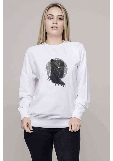 Black Panther Baskılı Beyaz Kadın Sweatshirt