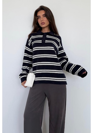Lacivert Polo Yaka Çizgili Kadın Triko Kazak Mg2469 Lacivert