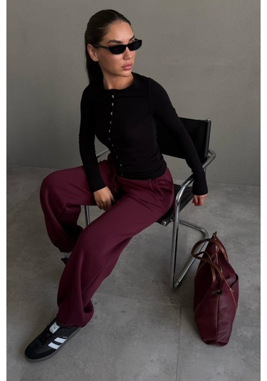 Bordo Geniş Paça Rahat Kalıp Lastikli Eşofman Altı Mg2581 Bordo