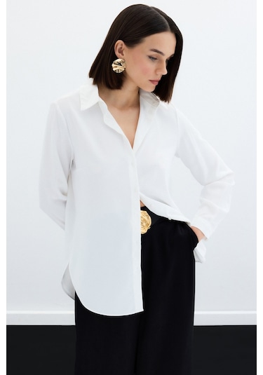 Sateen Düz Klasik Gömlek - Ekru-122325 Ekru