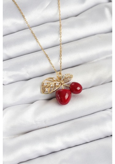 316l Çelik Zincir Yapraklı Kiraz Model Gold Renk Kadın Kolye - Prt3500eb09336-95258 altın