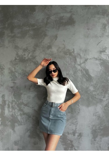 Kadın Kemer Detaylı Kot Mini Etek-mavi Mavi