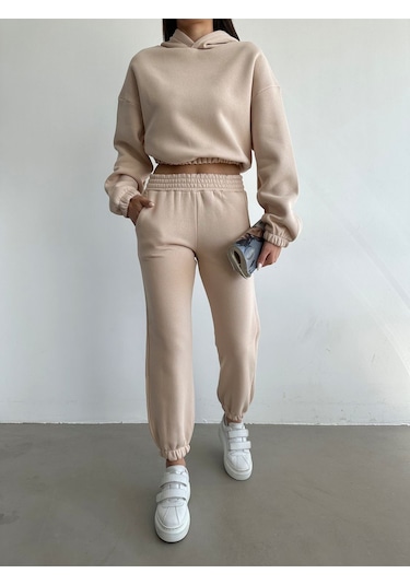 Kadın Pamuklu İçi Polarlı Basic Eşofman Takımı Bej