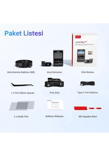 Viofo A229 Plus 2 Kameralı Ön+arka 2k+2k Hdr Sony Starvis 2 Sensörlü Wi-fi Gps'li Araç Kamerası