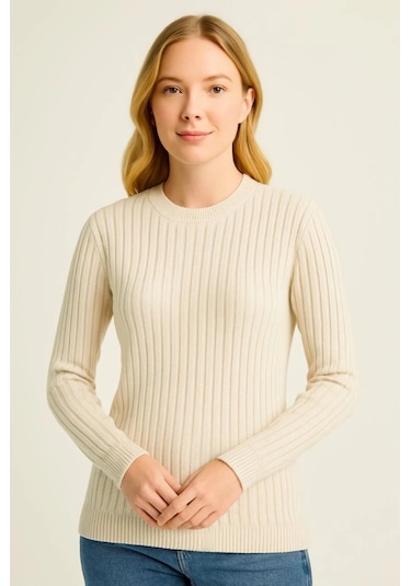 Bisiklet Yuvarlak Yaka Triko Kazak Pamuklu Kalın Fitilli Dokuma, Regular Fit Uzun Kollu Kışlık Model - Bej Bej Bisiklet Yuvarlak Yaka Triko Kazak Pamuklu Kalın Fitilli Dokuma, Regular Fit Uzun Kollu Kışlık Model - Bej Bej