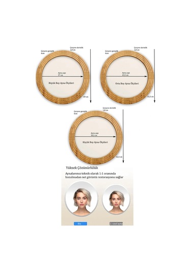 Safir Ahşap Dekoratif Ayna Yuvarlak Ayna Işlemeli Ahşap Duvar Aynası - 43 Cm Ceviz