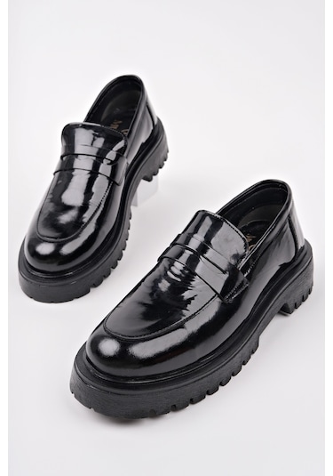 Muggo Paradise Hakiki Deri Kalın Taban Günlük Casual Makosen Kadın Loafer Ayakkabı Siyah Rugan