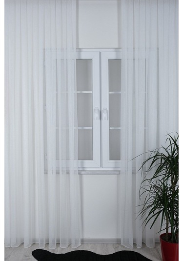 Damla Keten Görünümlü Leno Tül Perde Pilesiz Ekru - Ekru