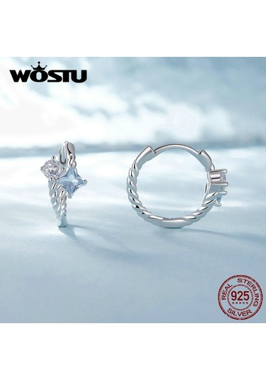 Wostu 925 Ayar Gümüş Narin Mavi Ve Beyaz Kübik Zirkonya Büküm Hoop Küpe Kadınlar İçin Takı Hediye
