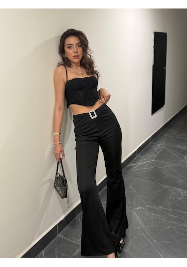 Reka Moda Kadın Yüksek Bel Tokalı Ispanyol Paçalı Dalgıç Pantolon Siyah