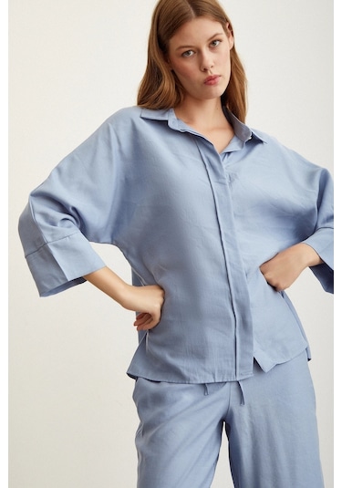 Never More Yarasa Kol Keten Gömlek Mavi