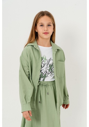 Kız Çocuk Tek Cepli Gömlek T-shirt İkili Takım 1802 Yeşil