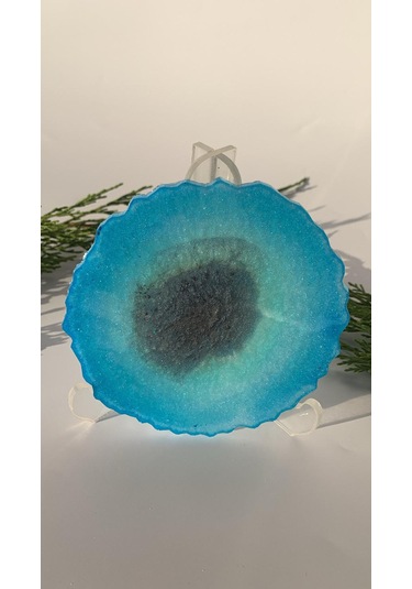 Deniz Mavi Yeşil Tonlu Simli Dalgalı Yuvarlak Epoksi Bardak Altı Diğer