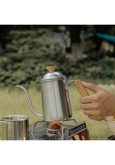 Fastbuy 304 Paslanmaz Çelik 650ml Taşınabilir Kahve Demleme Cezvesi, Ahşap Saplı Uzun Burunlu Gümüş Renkli Gümüş