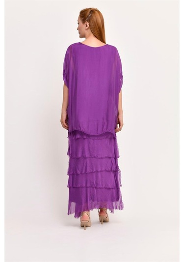 İtalyan 2 Beden İnce Gösteren Yarım Kol Kat Kat Ipek Elbise Mor