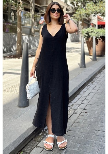 Siyah Askılı İthal Müslin Kumaş, Önü Ve Arkası V Yaka, Önden Yırtmaçlı, Maksi/uzun Salaş Elbise Siyah