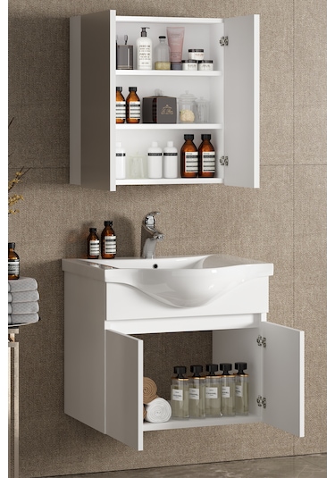Yıldız 65 Cm Beyaz Mdf Seramik Lavabolu Asma Banyo Dolabı Takımı Beyaz