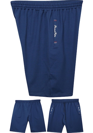 Büyük Beden 110 - 155 Kilo Arası İçin Uygun Bedenli Cepleri Nakış Detaylı Likralı Penye Erkek Şortu Koyu Mavi