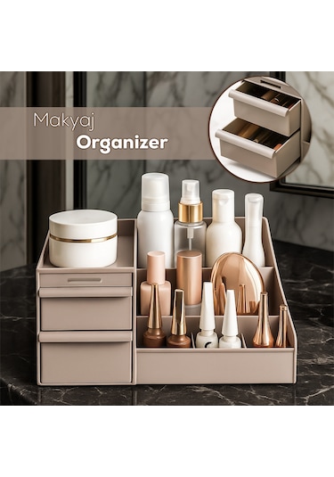 Porsima 5305 Çok Amaçlı Organizer 2 Çekmeceli Kozmetik Parfüm Krem Takı Makyaj Düzenleyici Cappuccino