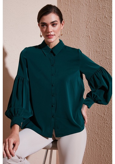 Lela Regular Fit Dikiş Detaylı Düz Yaka Balon Kol Bayan Gömlek 611Go00003 Zümrüt