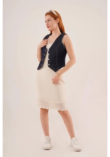 Düğme Ve Ön Dikiş Detaylı Lacivert Jean Yelek Lacivert