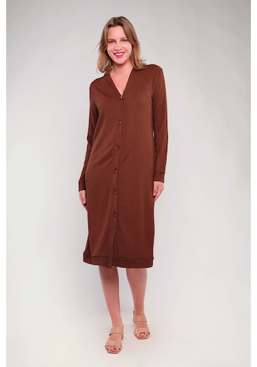 Gabria Ön Düğmeli Seul Uzun Hırka Kahverengi