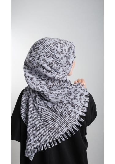 Gri Pratik Hazır Geçmeli Tesettür Eşarp Kesik Elyaf Piliseli Çiçe (553630026) Gri