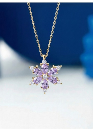 Çekirdekjewelry 925 Ayar Gümüş Lila Taşlı Kamelya Çiçeği Kolye Sarı Lila