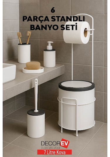 Decorev 6 Parça Standlı Banyo Seti 7 Litre Çöp Kovası, Tuvalet Kağıtlığı, Sabunluk, Fırçalık Banyo Takımı Beyaz - Gri