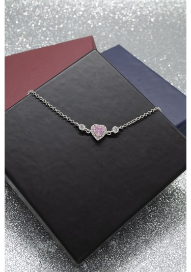 Pembe Kalp Tasarımlı 925 Ayar Gümüş Kadın Ayarlanabilir Bileklik - Gümüş