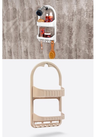 Flosoft 2 Raflı Şampuanlık, Duşa Asılabilir Vantuzlu Banyo Şampuan Sabun Kozmetik Düzenleyici Kahverengi