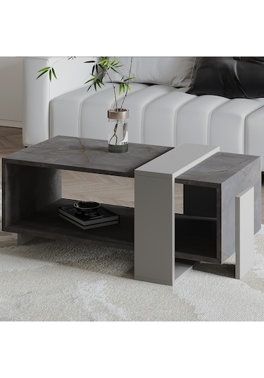 Meleni Orta Sehpa 90 Cm Modern Tasarım Raflı Gordion Mermer/gri