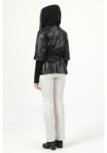 Dericlub Larissa Kadın Kapüşonlu Hakiki Deri Kaban Siyah Siyah