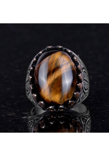 925 Ayar Katı Gümüş Erkek Yüzük - Doğal Taşlarla El Yapımı Şıklık Kaplan Göz Taşı Gümüş