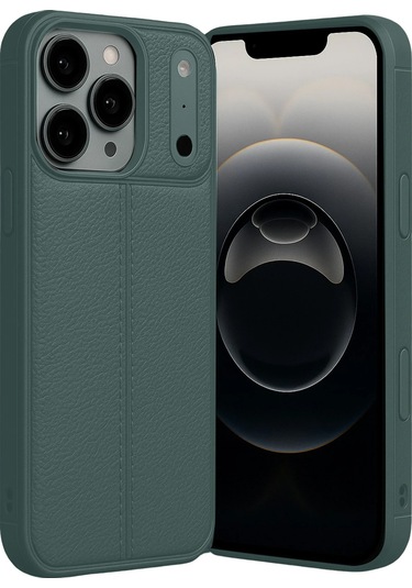 İphone Uyumlu 17 Pro Max Kılıf Focus Deri Desen Silikon Arka Kapak Koyu Yeşil