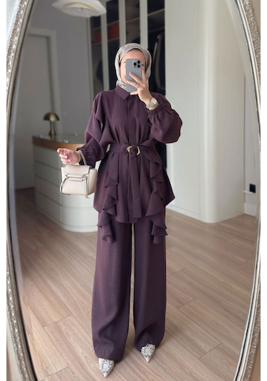 Ka Hijab Fırfır Detaylı Kuşaklı Takım - Mürdüm