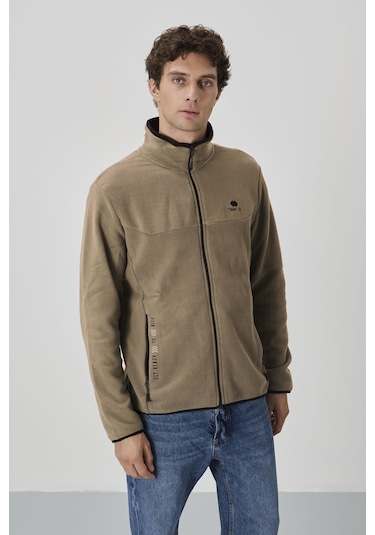 Tommy Life Camel Yazı Nakışlı Dik Yaka Fermuarlı Standart Kalıp Erkek Sweatshirt Polar - 87992 CAMEL