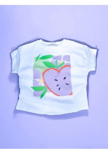 Kız Çocuk Pamuklu Elma Baskılı Bluz-14120 Ekru