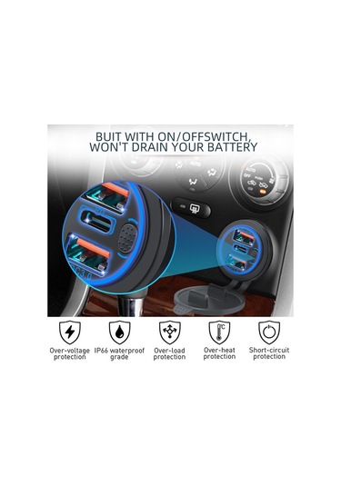 Mavi Araba Şarjı Çift Usb C Pd Bağlantı Noktaları Telefon Hızlı Qc3.0 Otomatik Adaptör Telefon 12v/24v Dokunmatik Anahtar İle Motosiklet Araba İçin