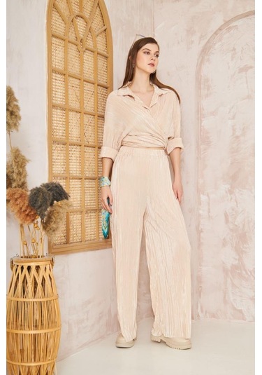 Kadın Pliseli Beli Lastikli Pantolon Tunik Gömlek Ikili Bürümcük Salaş Takım 3573300 Bej