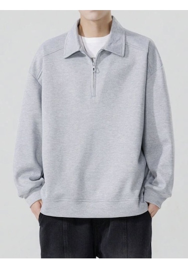 Harmandar Gri Erkek Baskısız Dik Yaka Yarım Fermuarlı Kazak Sweatshirt Gri
