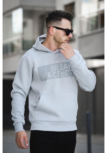 Oksit Break Üç İplik Şardonlu Baskılı Kapüşonlu Erkek Sweatshirt 001