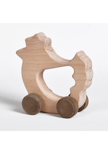 Ahşap El Yapımı Doğal Montessori Tavuk Tekerlekli Oyuncak