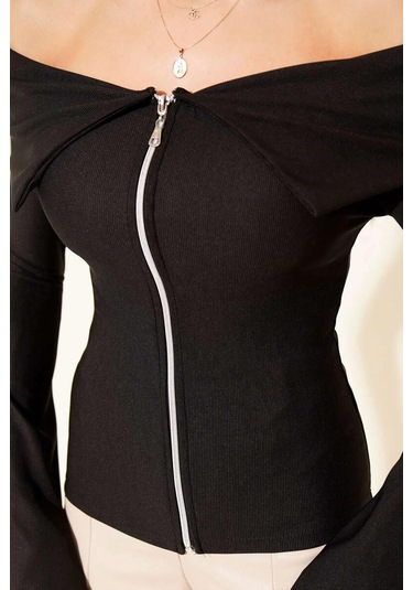 Biçomi Omzu Açık Fermuarlı Bluz Siyah T4330 Siyah