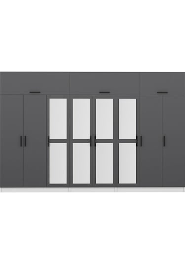 Minar Kale 8 Kapaklı 4 Aynalı 4 Ç Dolap Ve Yüklük Beyaz Antrasit 255cm