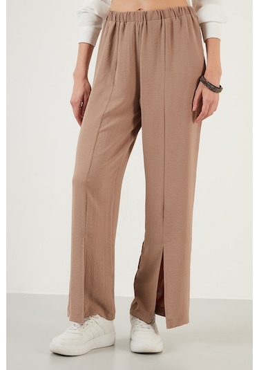 Lela Elastik Bel Bantlı Yırtmaçlı Rahat Kesim Bayan Pantolon 6057038 Vizon